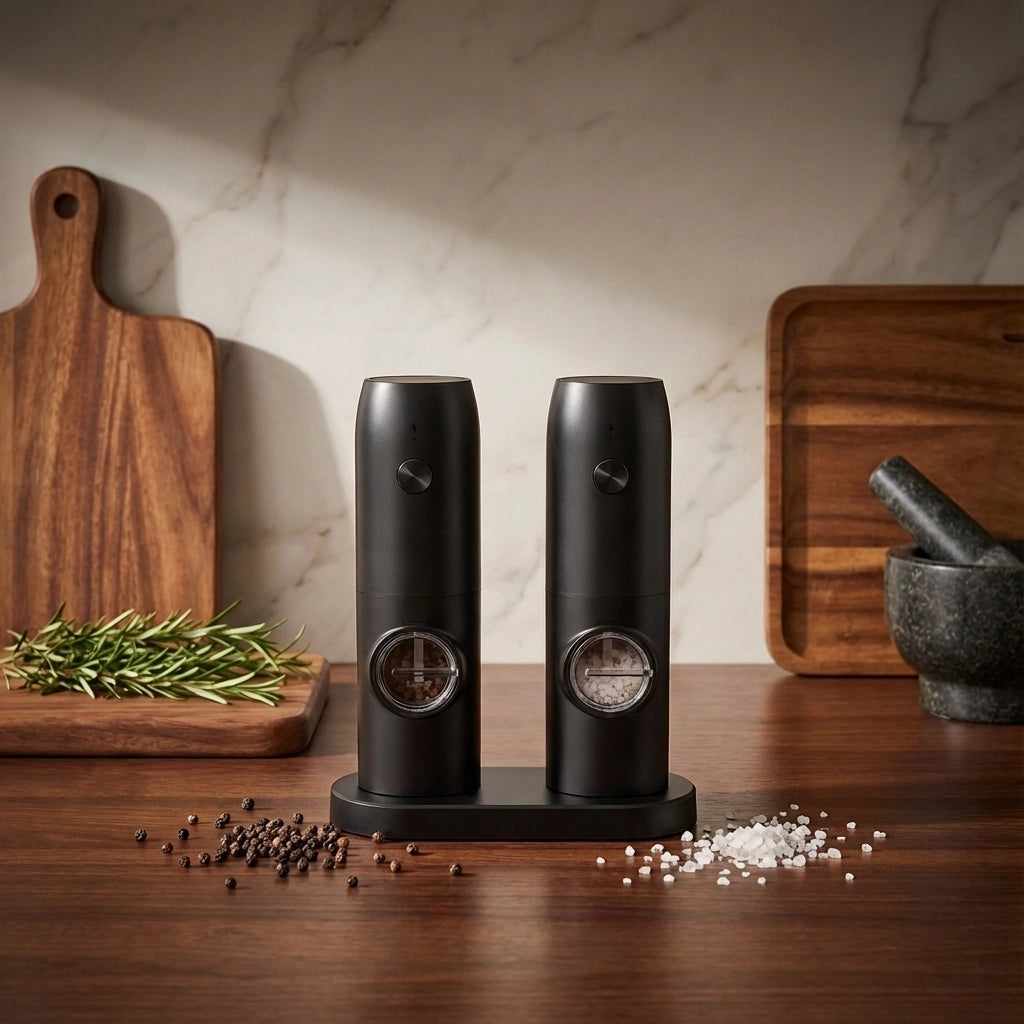 Cylven Electric Salt Pepper Grinder Set – USB Rechargeable Ceramic Adjustable Kitchen Mill Black