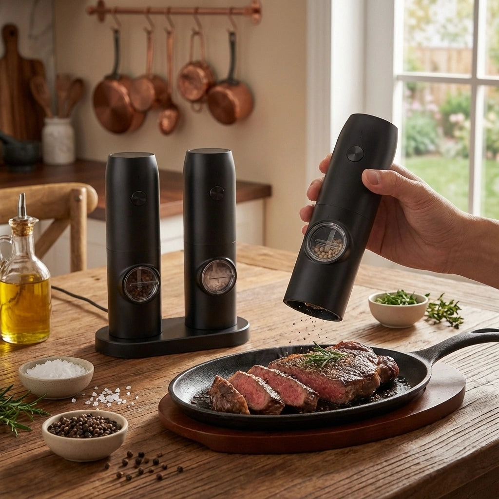 Cylven Electric Salt Pepper Grinder Set – USB Rechargeable Ceramic Adjustable Kitchen Mill Black