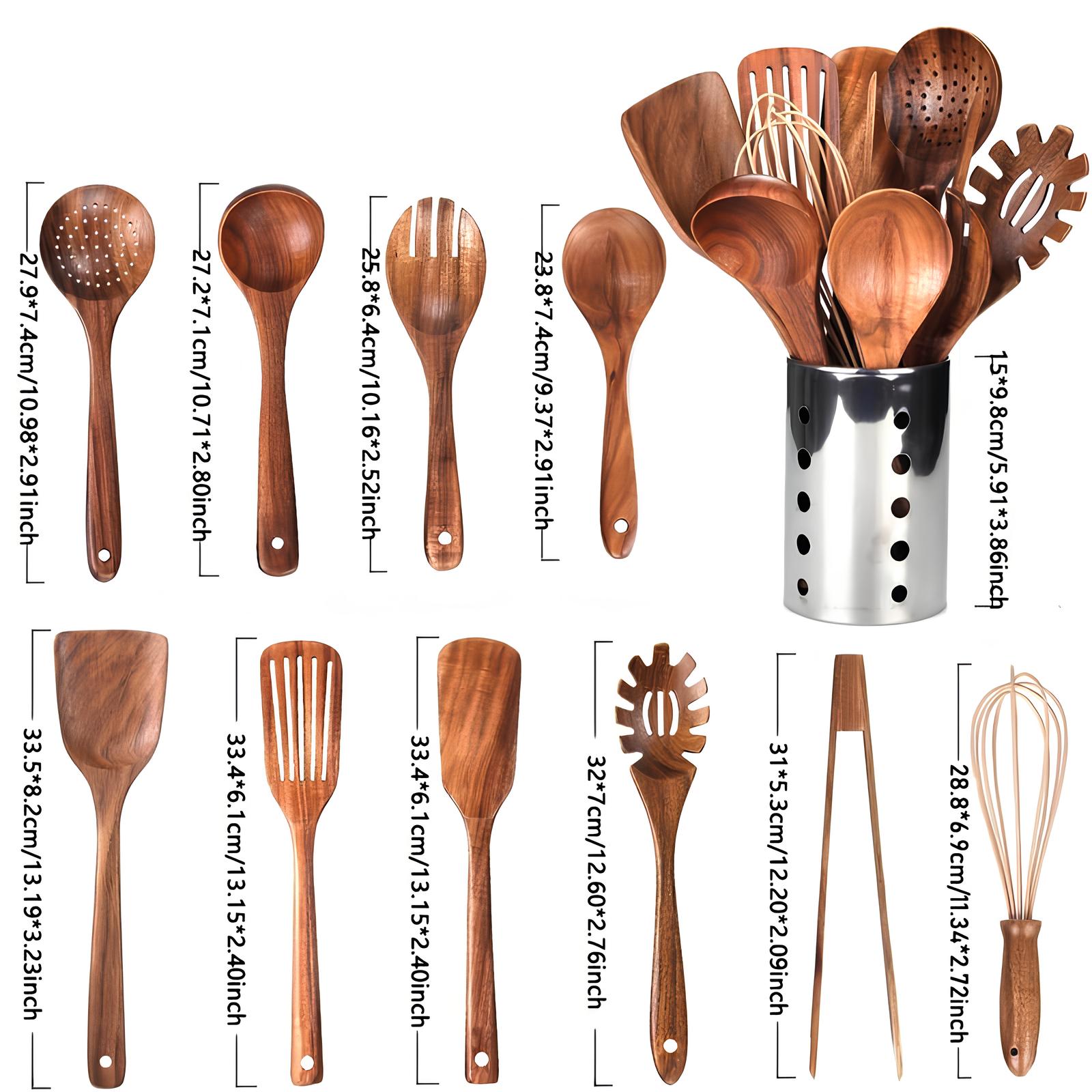Gravenwood Utensil Set – Natural Teak Wood Kitchen Cooking Tools 11 Piece Nonstick Spatula Spoon Holder
