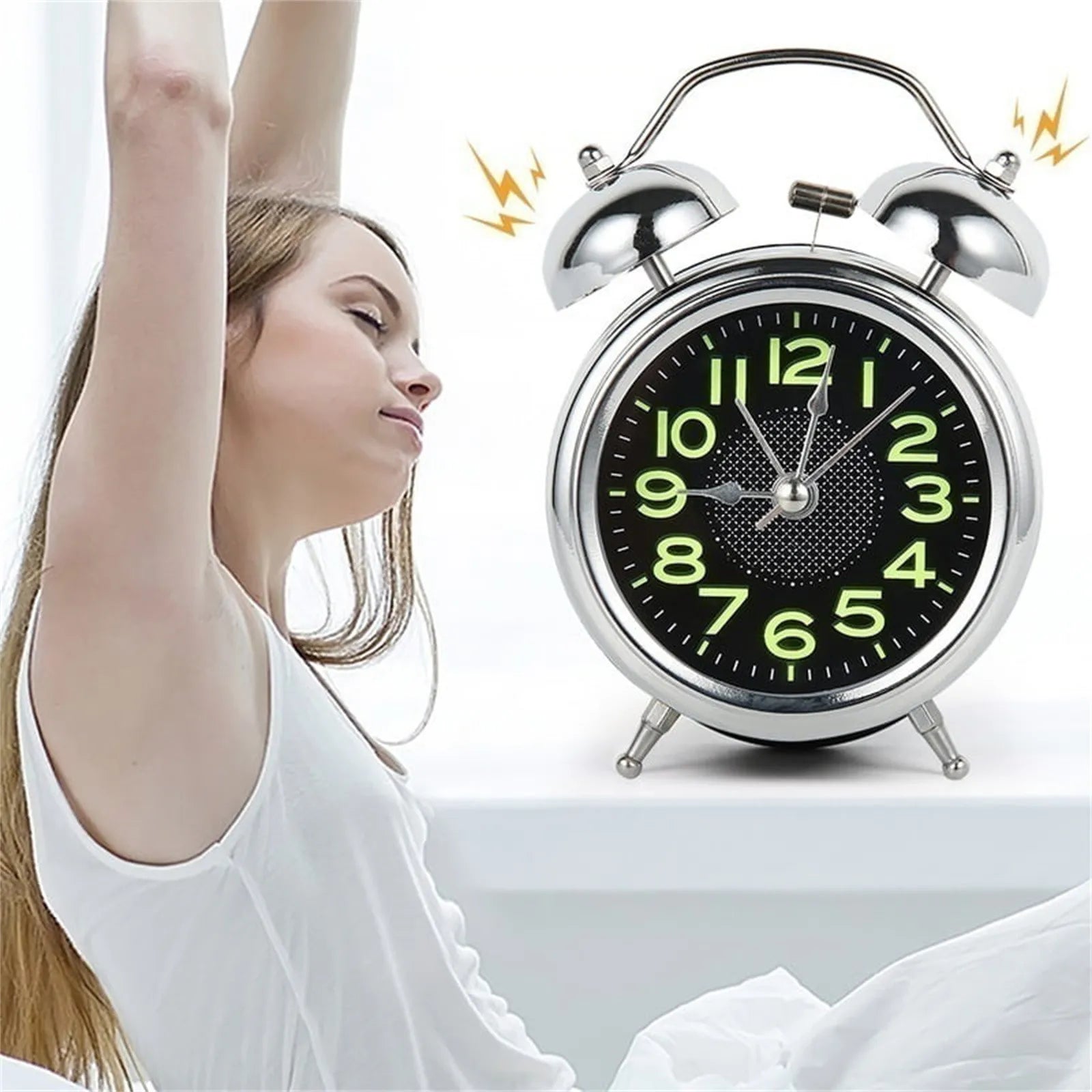 Brinley Twin Bell Alarm Clock – Retro Metal Silent Quartz Luminous Nightstand Bedroom Desk Clock