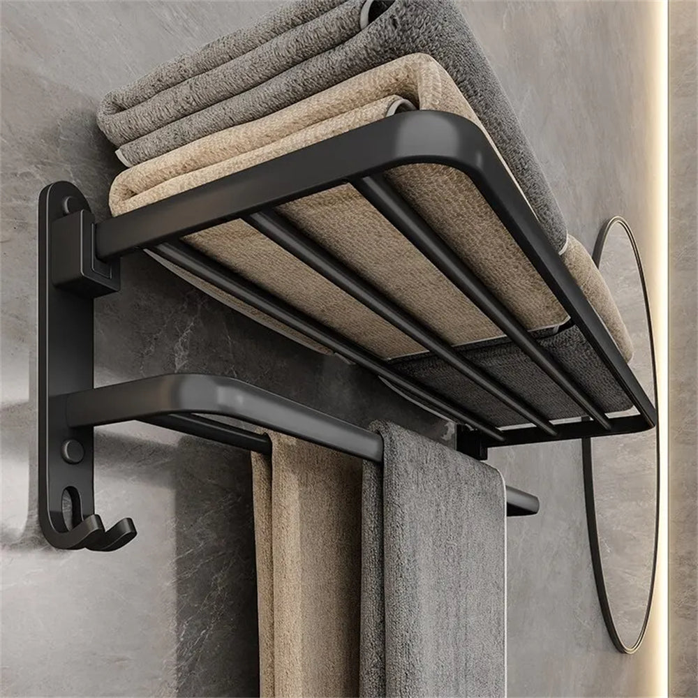 Corvex Fold Towel Rack – Wall Mounted Bathroom Space Saving Aluminum Shelf Storage Black