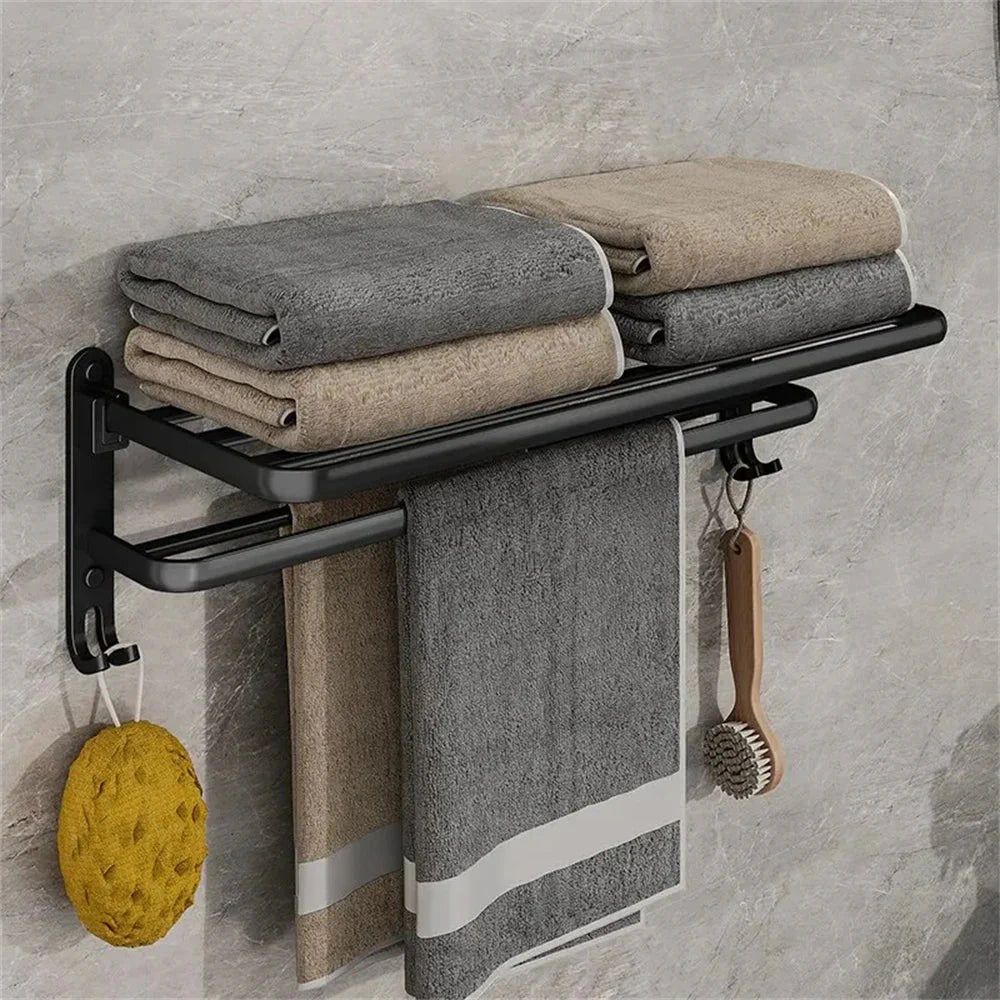Corvex Fold Towel Rack – Wall Mounted Bathroom Space Saving Aluminum Shelf Storage Black