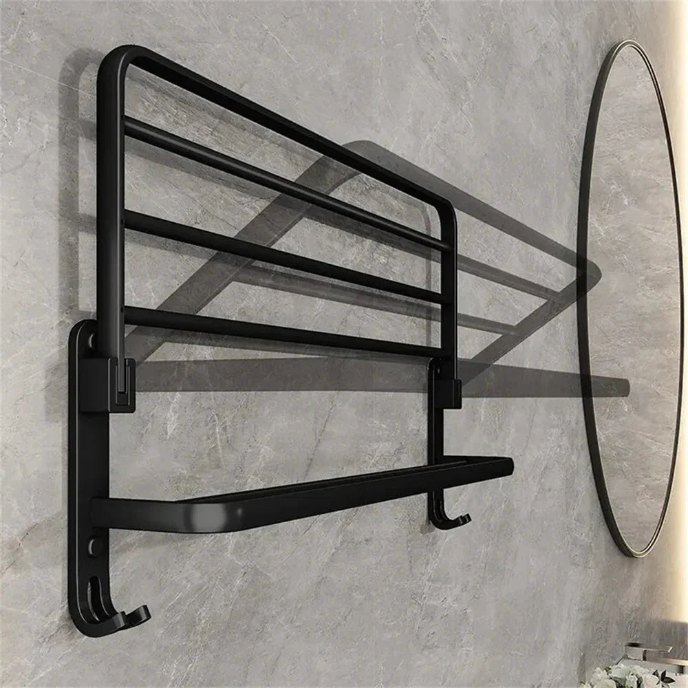 Corvex Fold Towel Rack – Wall Mounted Bathroom Space Saving Aluminum Shelf Storage Black