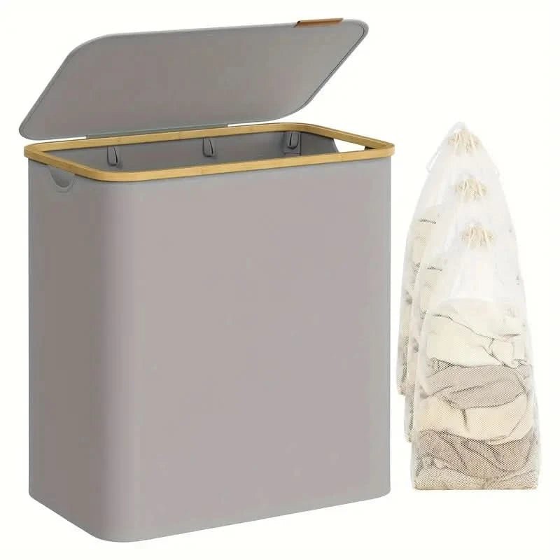 Caspien Dual Compartment Laundry Hamper – Large Capacity Foldable Sorter Basket Bamboo Lid Gray