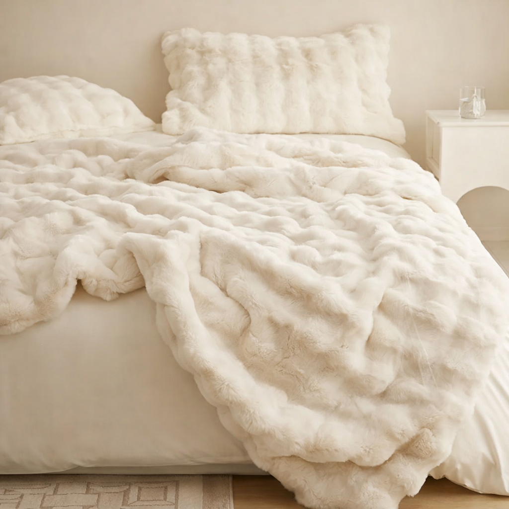Cloudelle Faux Fur Bedding Set – Luxury White Rabbit Fur Blanket Duvet Cover Bedroom Soft Plush Throw