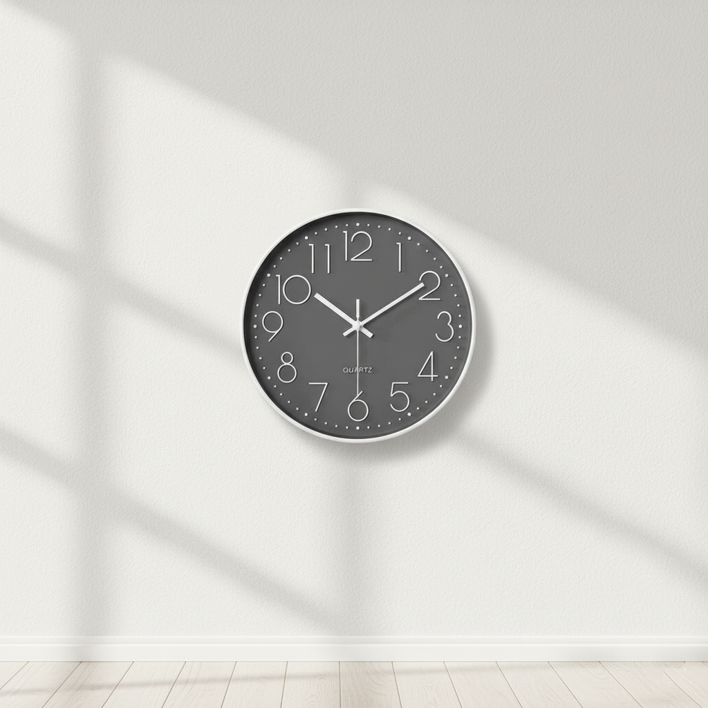 Tempo Modern Wall Clock – Silent Quartz Large Round Gray White 3D Numbers Living Room Bedroom Office