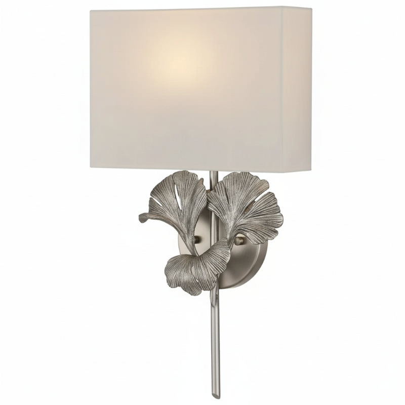 Meadow Globe Wall Sconce – Brass Leaf Body Square Fabric Shade Warm Ambient Lamp