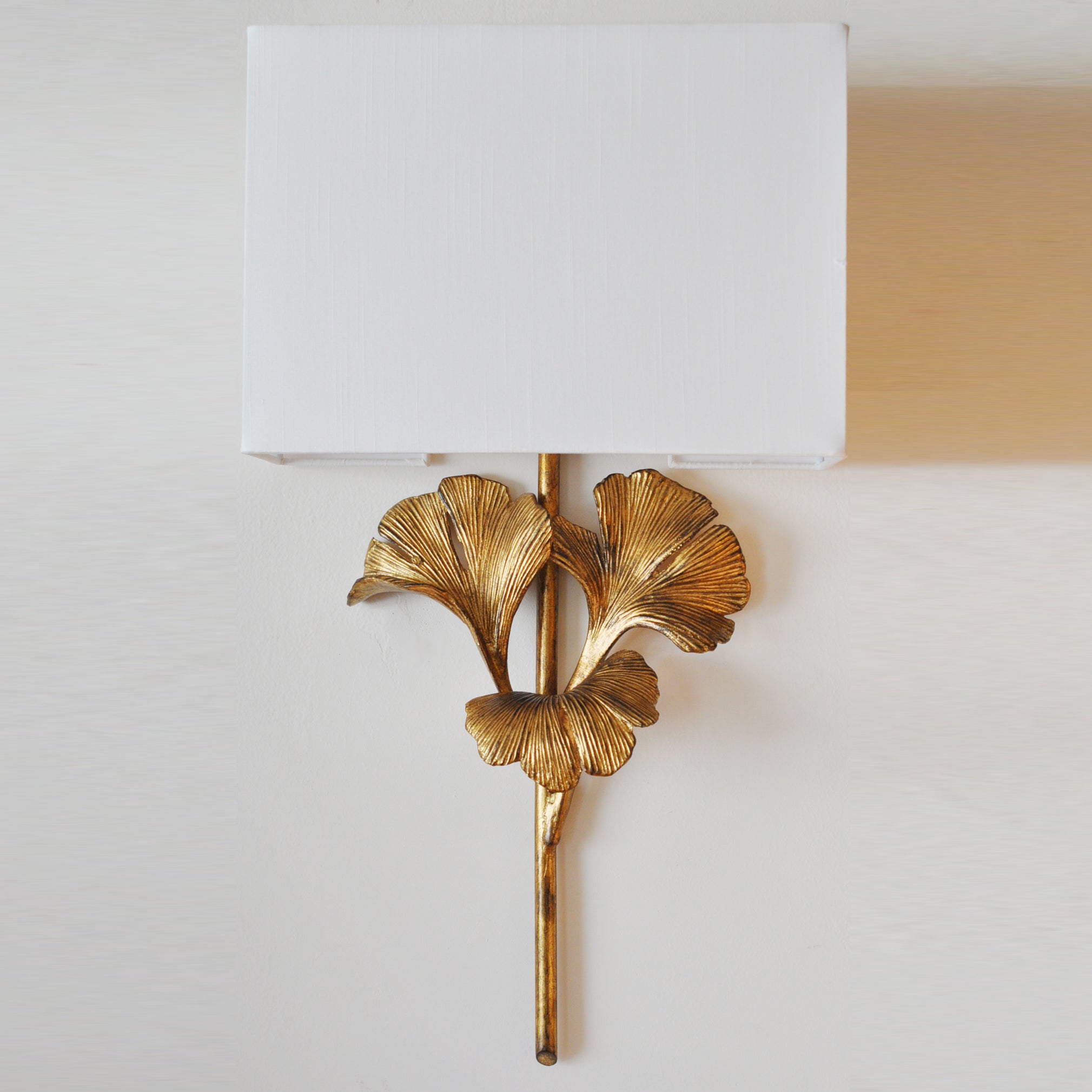 Meadow Globe Wall Sconce – Brass Leaf Body Square Fabric Shade Warm Ambient Lamp