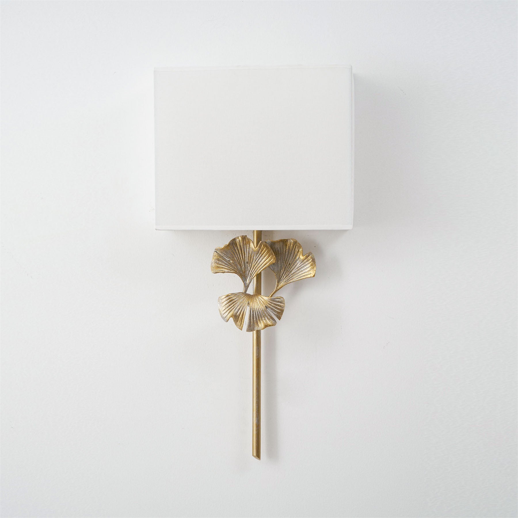 Meadow Globe Wall Sconce – Brass Leaf Body Square Fabric Shade Warm Ambient Lamp