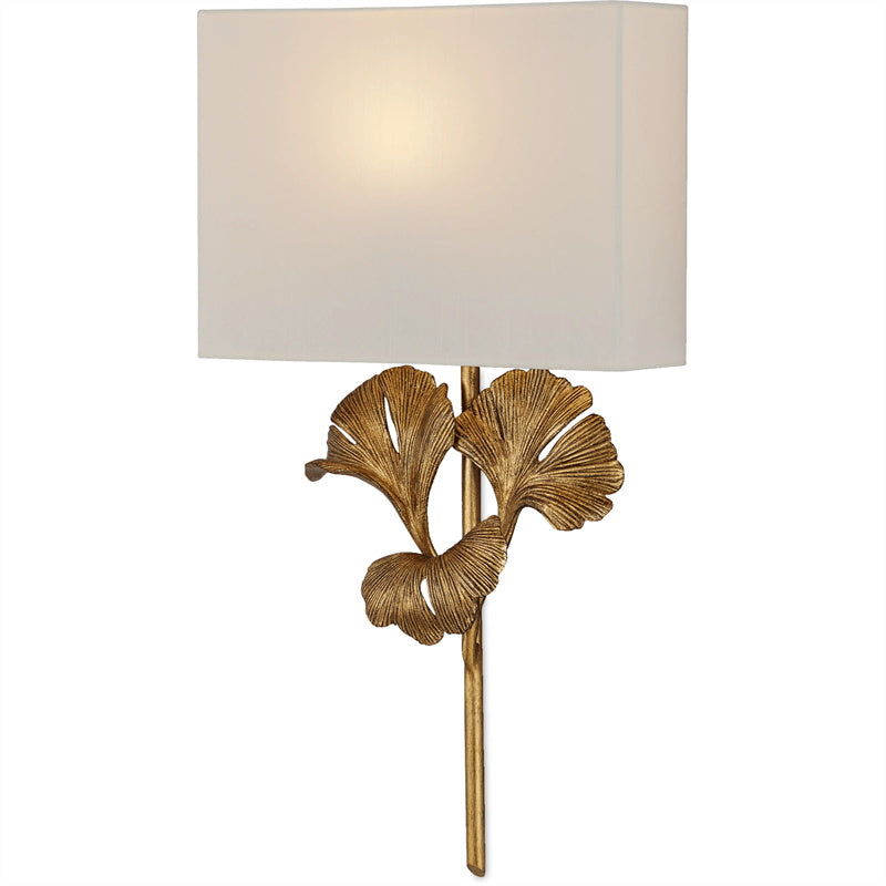 Meadow Globe Wall Sconce – Brass Leaf Body Square Fabric Shade Warm Ambient Lamp