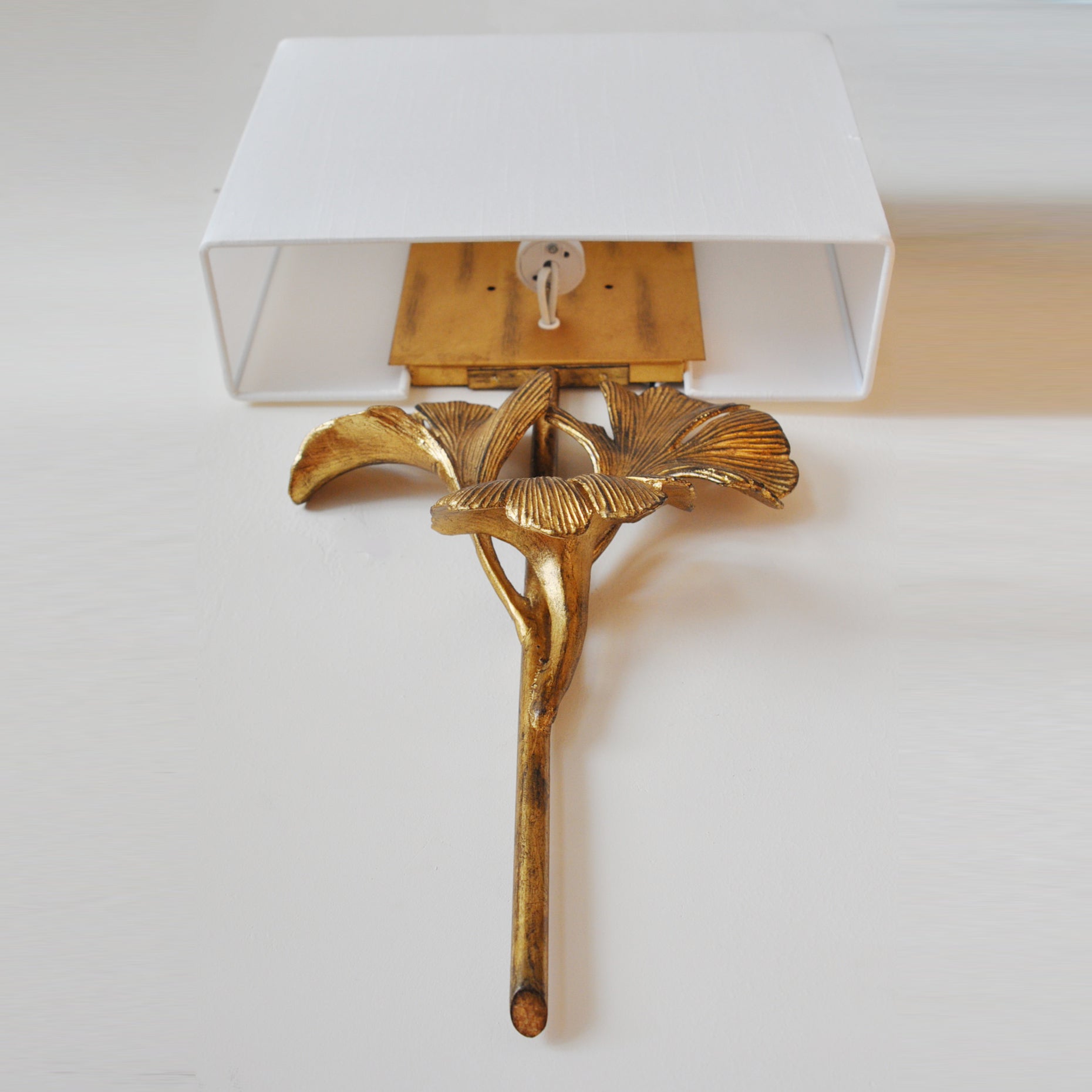 Meadow Globe Wall Sconce – Brass Leaf Body Square Fabric Shade Warm Ambient Lamp