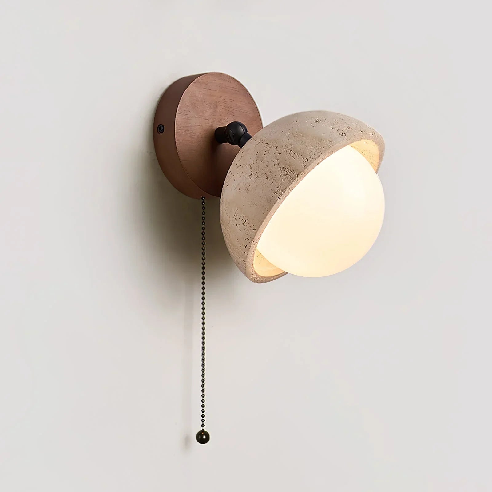 Travertine Globe Wall Sconce – Glass Diffuser Warm Wood Travertine Ambient Wall Lighting