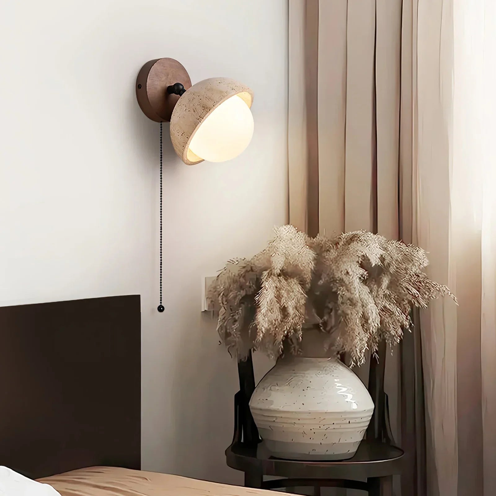 Travertine Globe Wall Sconce – Glass Diffuser Warm Wood Travertine Ambient Wall Lighting