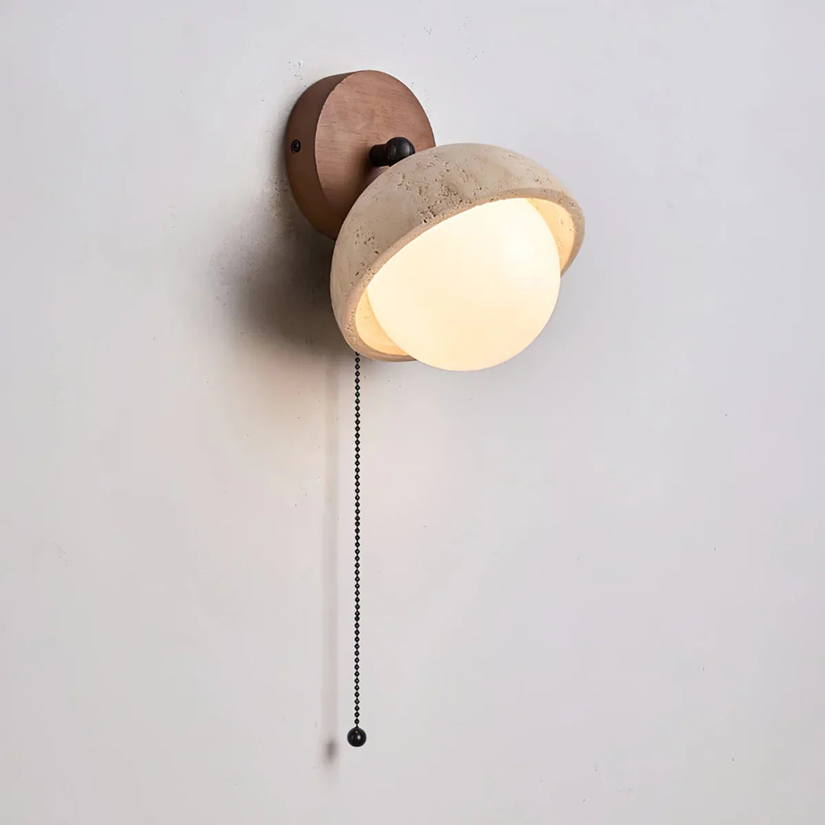 Travertine Globe Wall Sconce – Glass Diffuser Warm Wood Travertine Ambient Wall Lighting