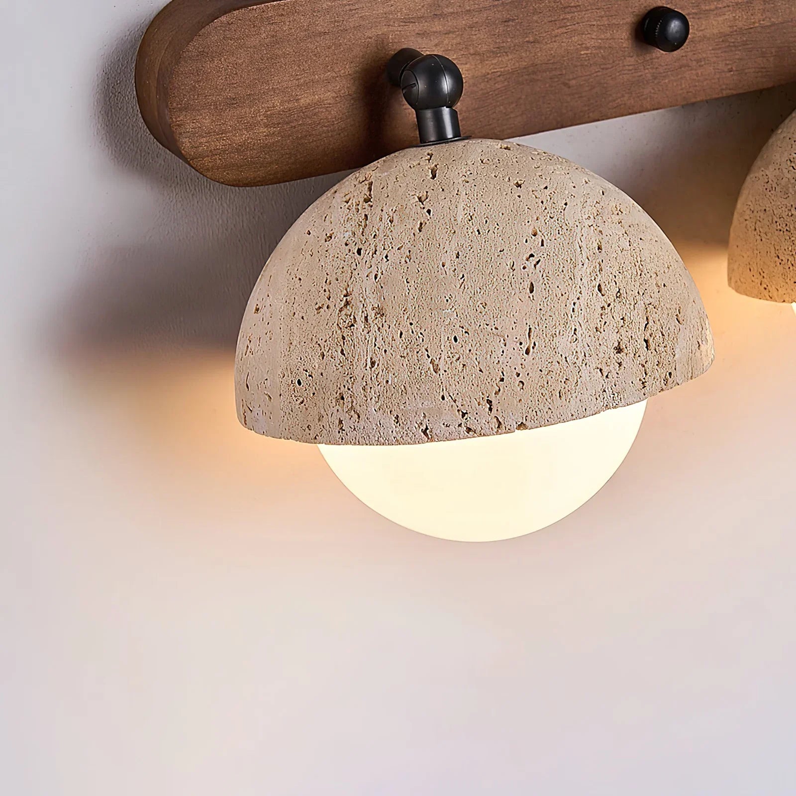 Travertine Globe Wall Sconce – Glass Diffuser Warm Wood Travertine Ambient Wall Lighting