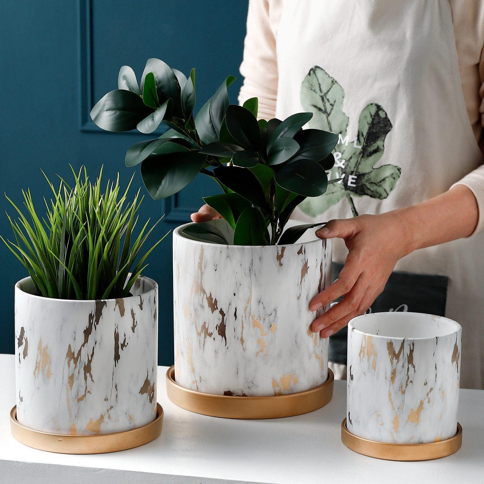 Birchlyn Ceramic Planter Set – White Gold Marble Indoor Decorative Planters Bamboo Saucer Drainage