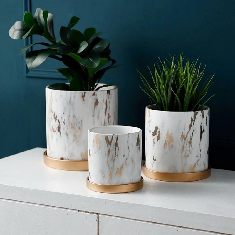 Birchlyn Ceramic Planter Set – White Gold Marble Indoor Decorative Planters Bamboo Saucer Drainage