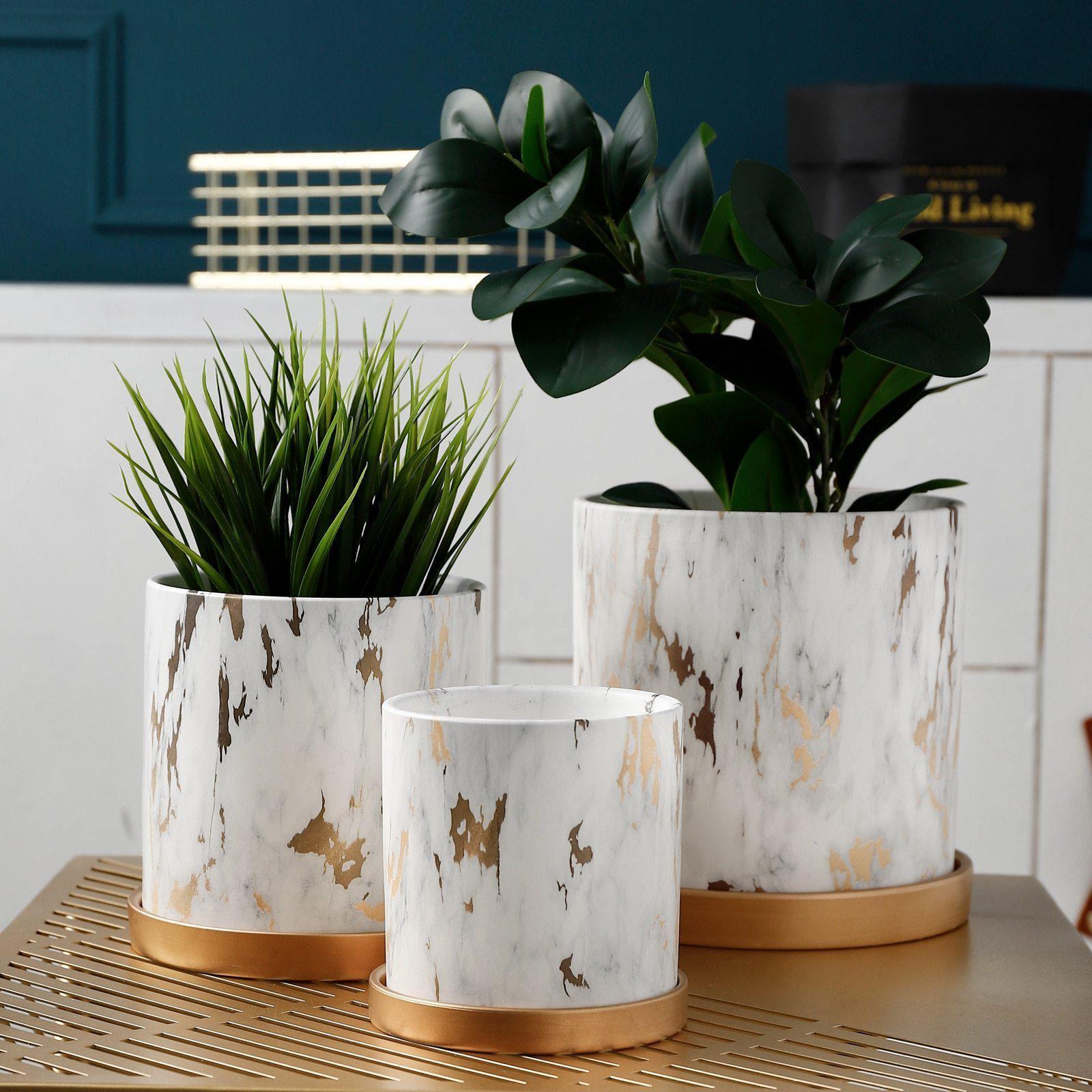 Birchlyn Ceramic Planter Set – White Gold Marble Indoor Decorative Planters Bamboo Saucer Drainage