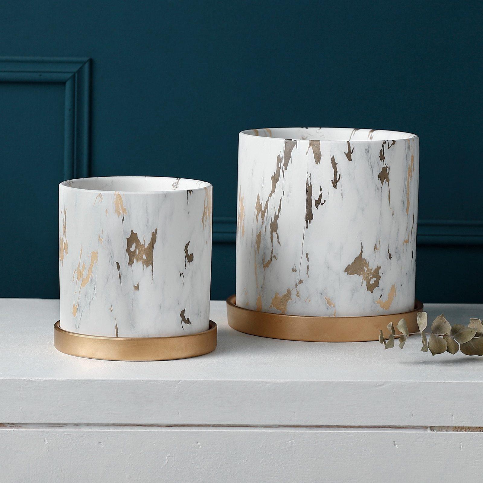 Birchlyn Ceramic Planter Set – White Gold Marble Indoor Decorative Planters Bamboo Saucer Drainage