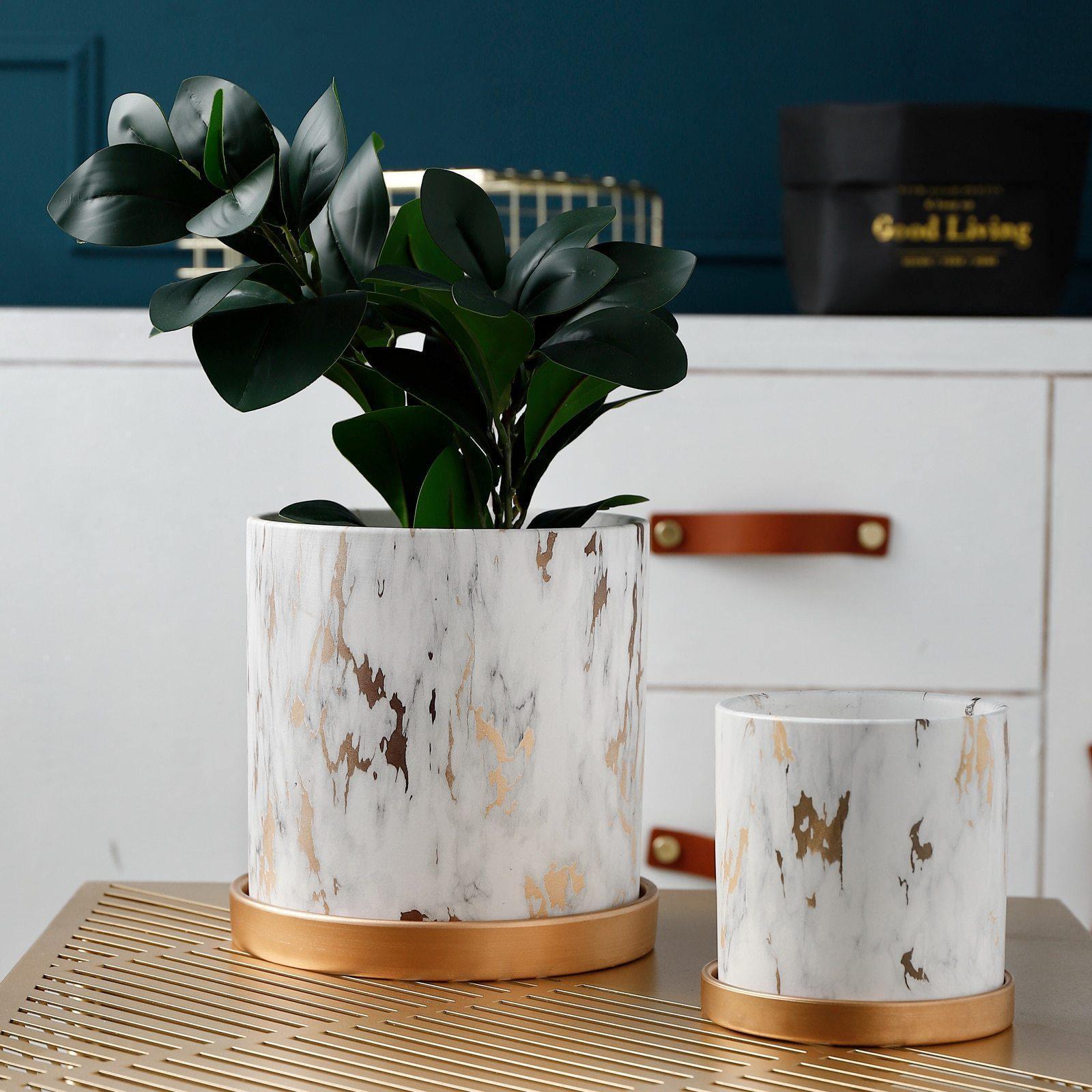 Birchlyn Ceramic Planter Set – White Gold Marble Indoor Decorative Planters Bamboo Saucer Drainage