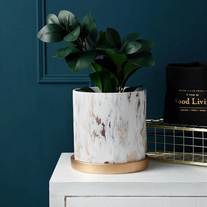Birchlyn Ceramic Planter Set – White Gold Marble Indoor Decorative Planters Bamboo Saucer Drainage