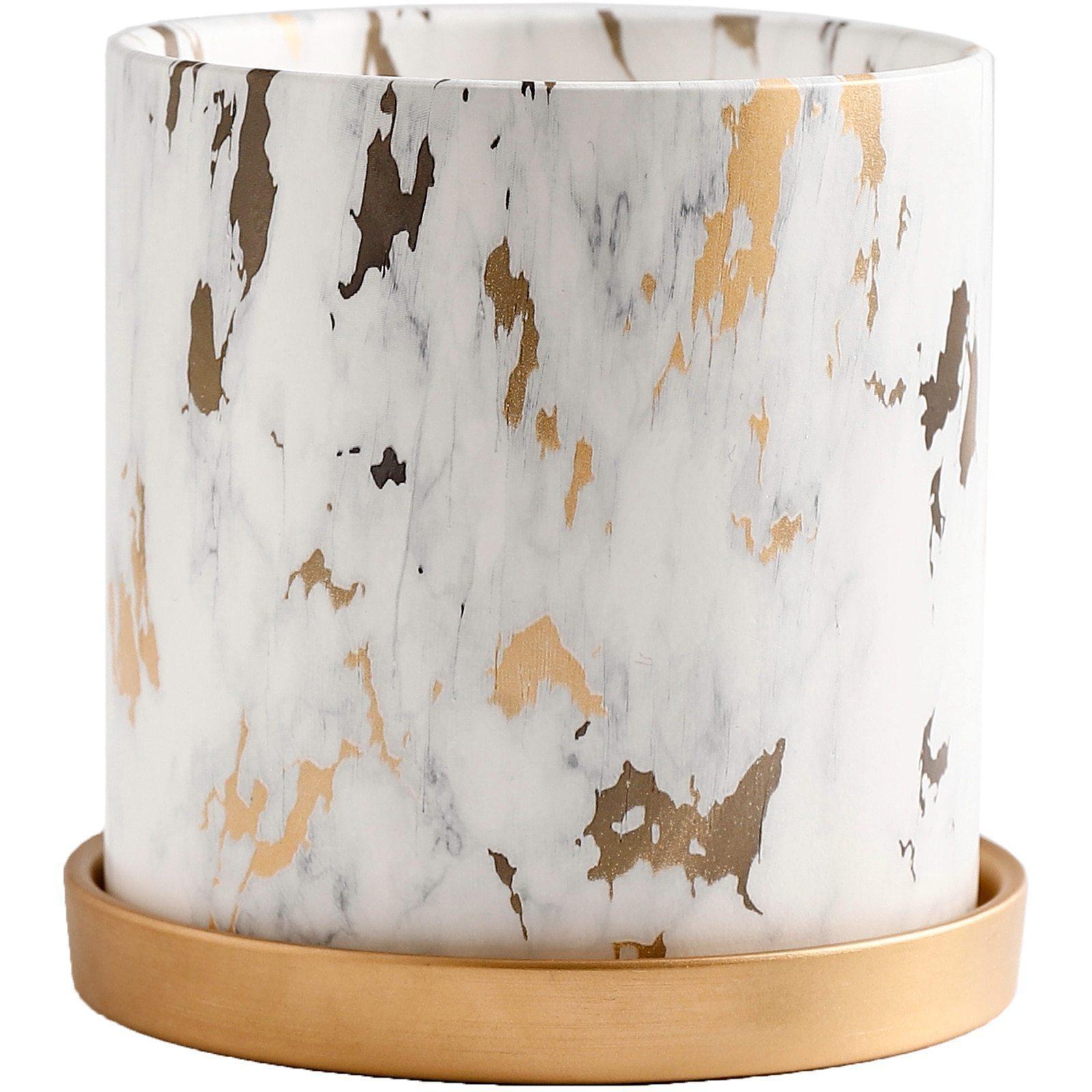 Birchlyn Ceramic Planter Set – White Gold Marble Indoor Decorative Planters Bamboo Saucer Drainage