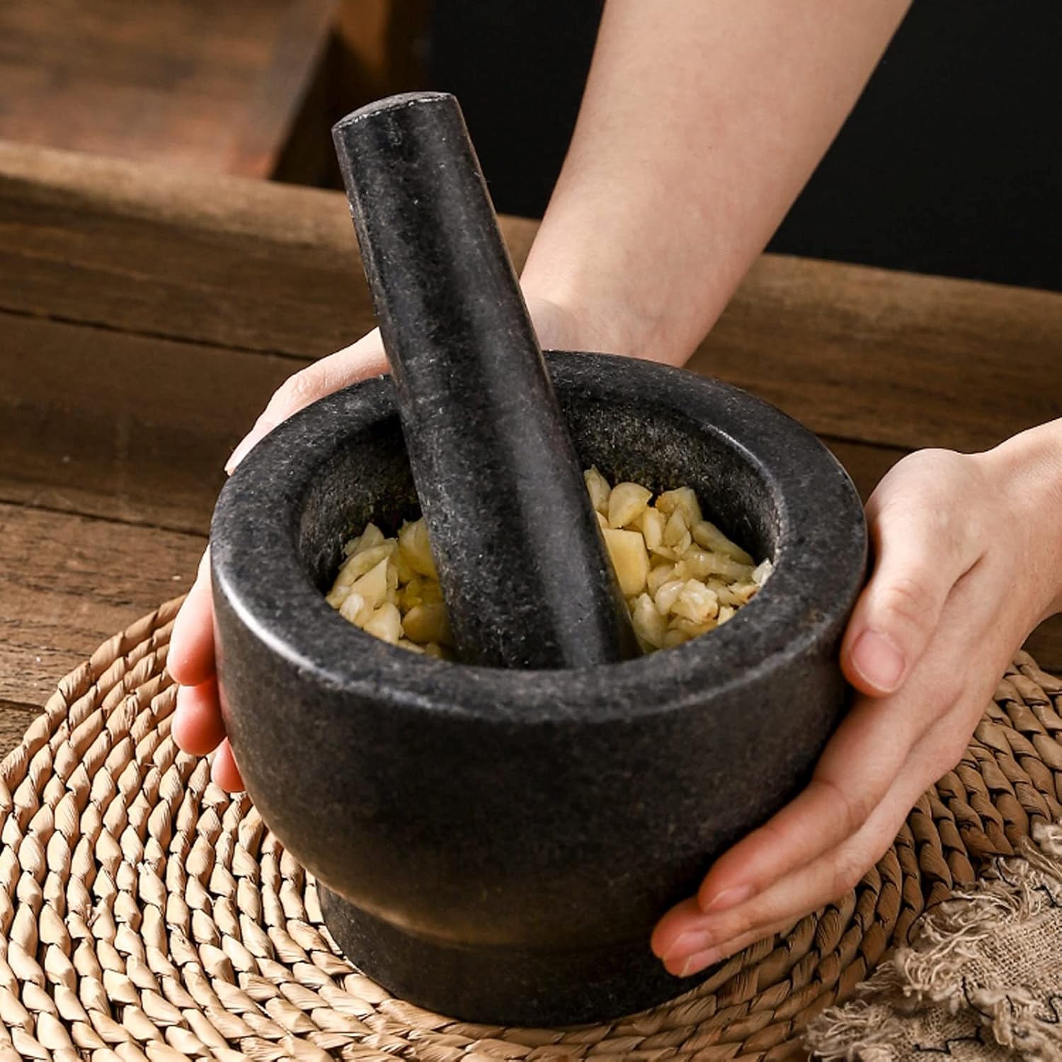 Obsido Stone Mortar Pestle Set – Natural Granite Kitchen Spice Herb Grinder Bowl 5 Inch