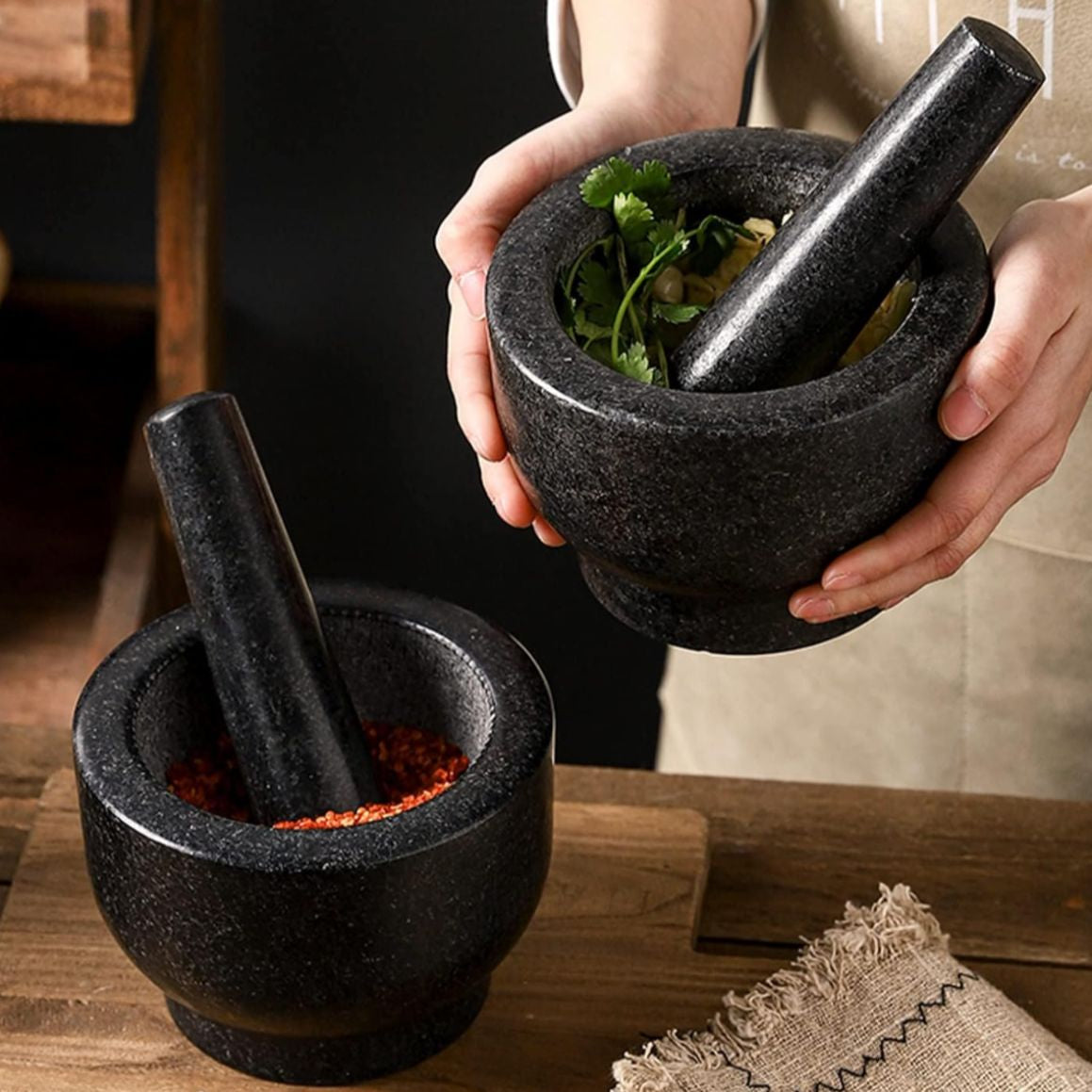 Obsido Stone Mortar Pestle Set – Natural Granite Kitchen Spice Herb Grinder Bowl 5 Inch