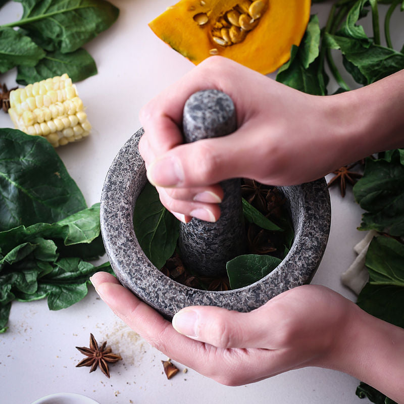 Obsido Stone Mortar Pestle Set – Natural Granite Kitchen Spice Herb Grinder Bowl 5 Inch