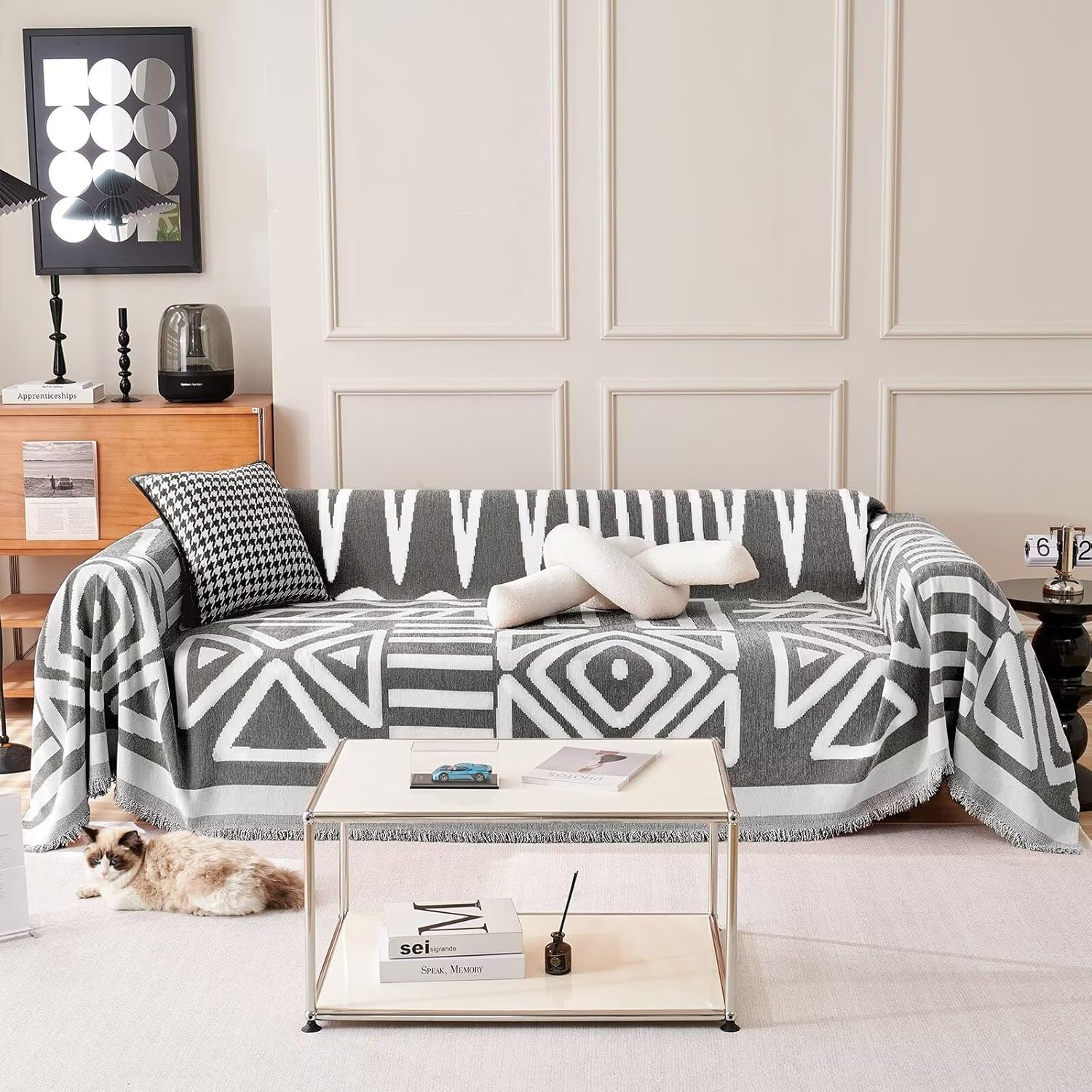 Kintara Sofa Throw – Geometric Tribal Pattern Couch Cover Grey White Cotton Woven Blanket Living Room