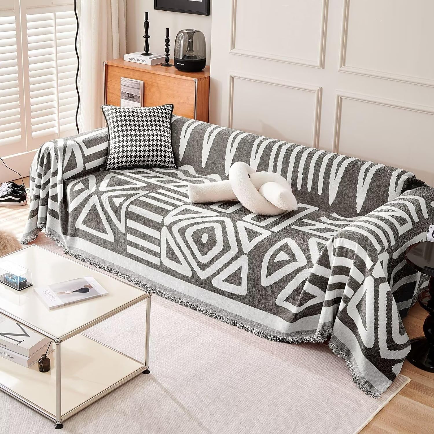 Kintara Sofa Throw – Geometric Tribal Pattern Couch Cover Grey White Cotton Woven Blanket Living Room