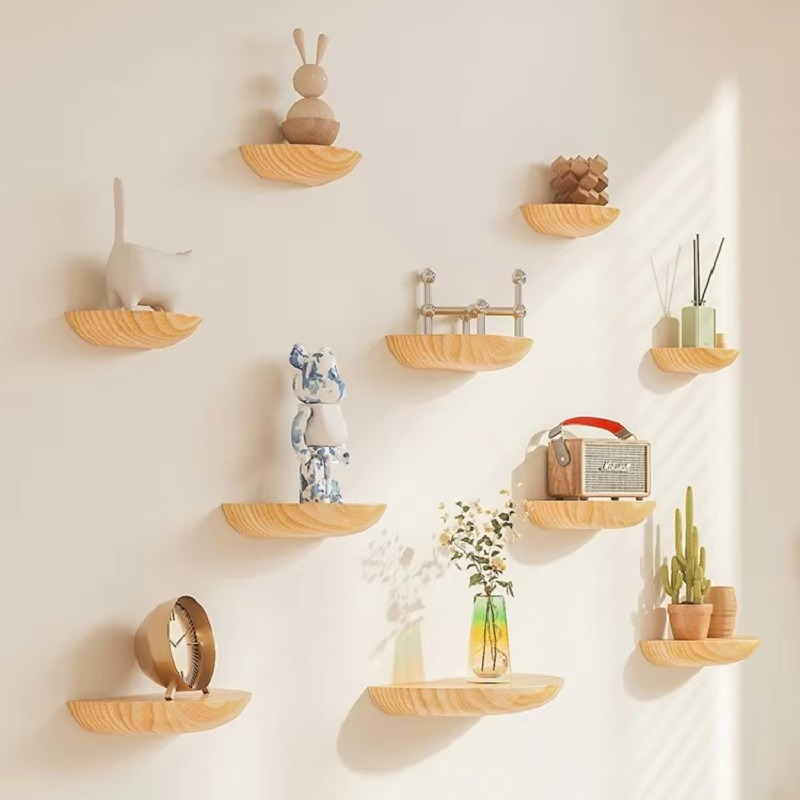 Crescal Half-Moon Floating Shelf – Natural Wood Wall Mounted Display Shelf Modern Minimalist Decor