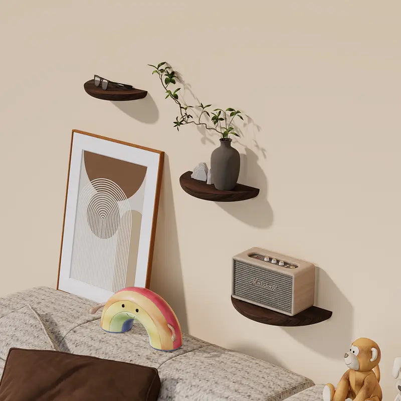 Crescal Half-Moon Floating Shelf – Natural Wood Wall Mounted Display Shelf Modern Minimalist Decor