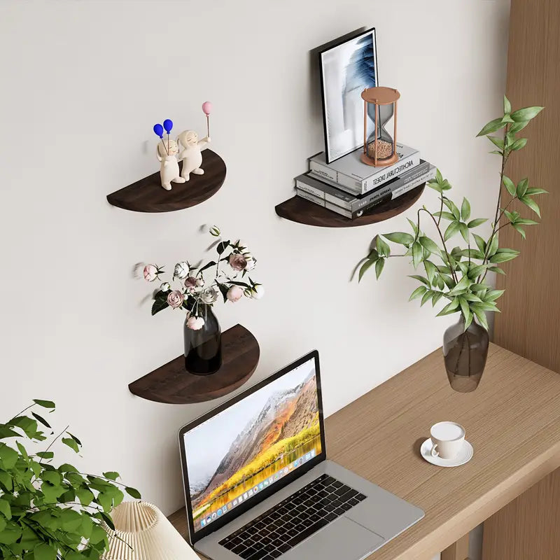 Crescal Half-Moon Floating Shelf – Natural Wood Wall Mounted Display Shelf Modern Minimalist Decor