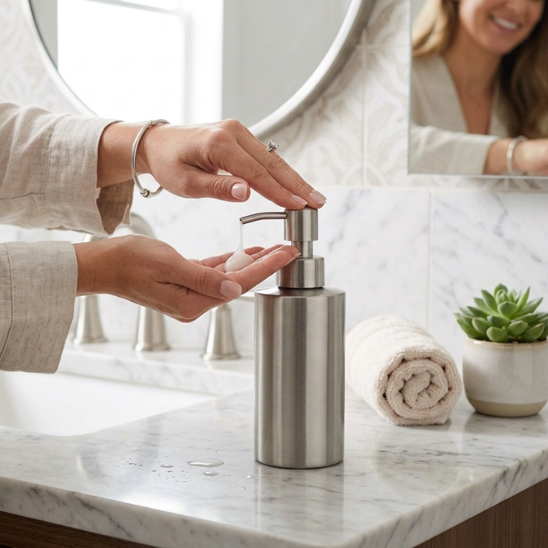 Cylven Soap Dispenser – Brushed Stainless Steel Refillable Bathroom Kitchen Countertop Pump