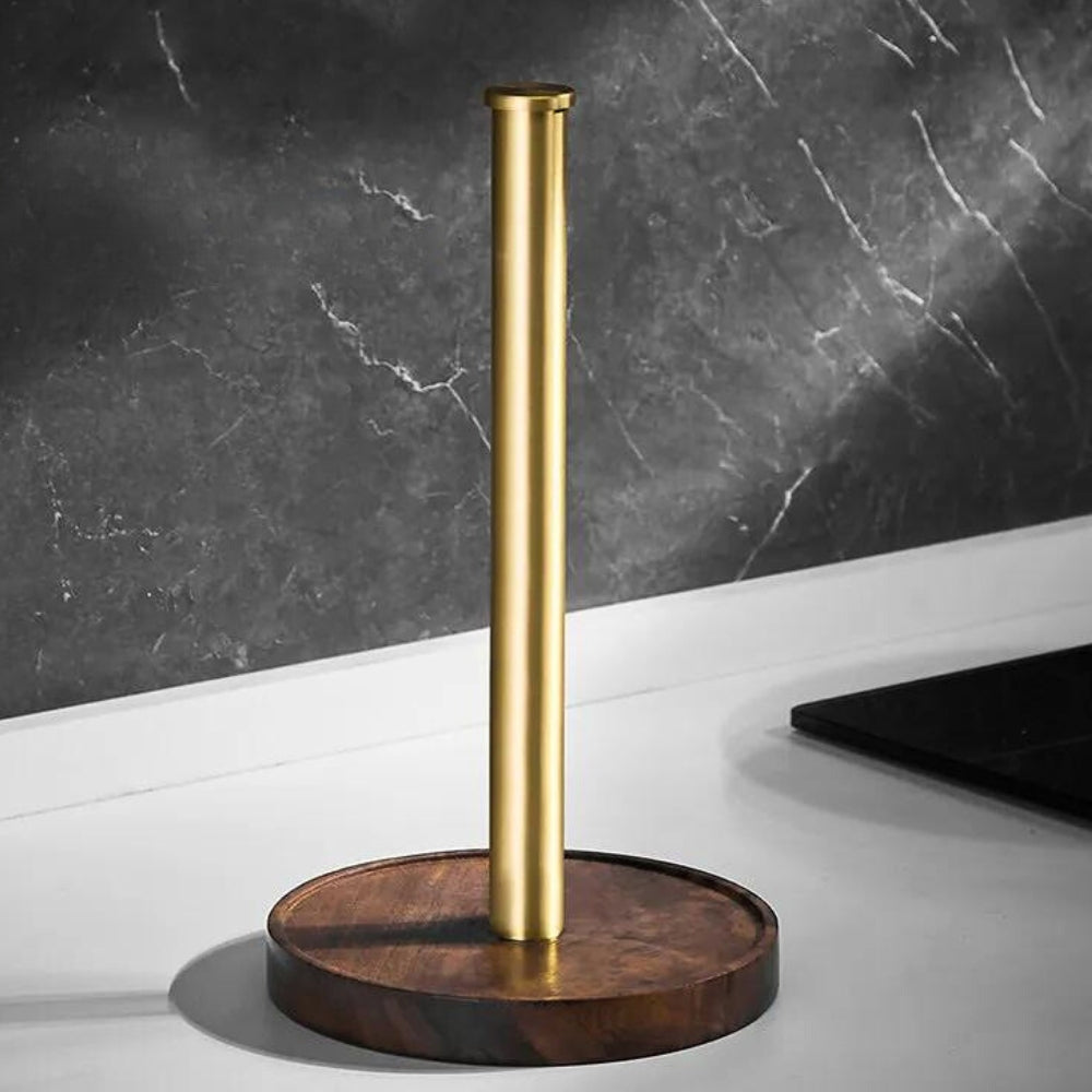 Valdrin Paper Towel Holder – Standing Kitchen Countertop Organizer Walnut Wood Gold Brass Modern