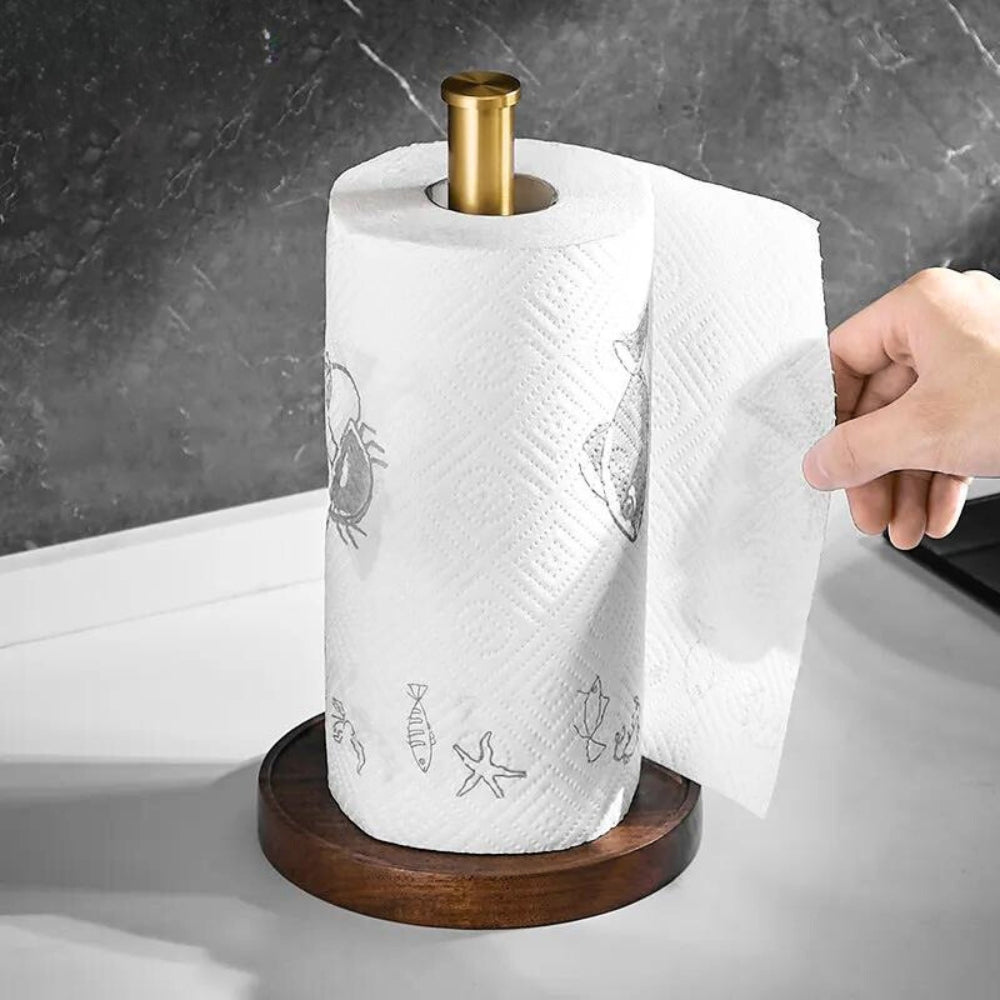 Valdrin Paper Towel Holder – Standing Kitchen Countertop Organizer Walnut Wood Gold Brass Modern