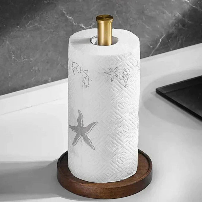 Valdrin Paper Towel Holder – Standing Kitchen Countertop Organizer Walnut Wood Gold Brass Modern