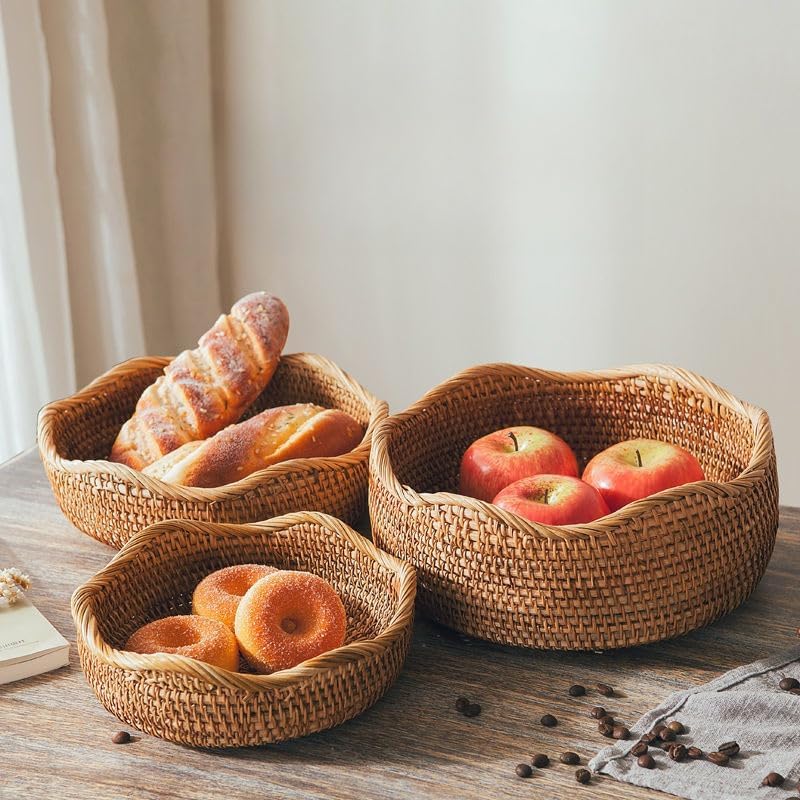 Rattan Woven Storage Basket Set – Handwoven Round Wicker Organizer Kitchen Living Room Decorative
