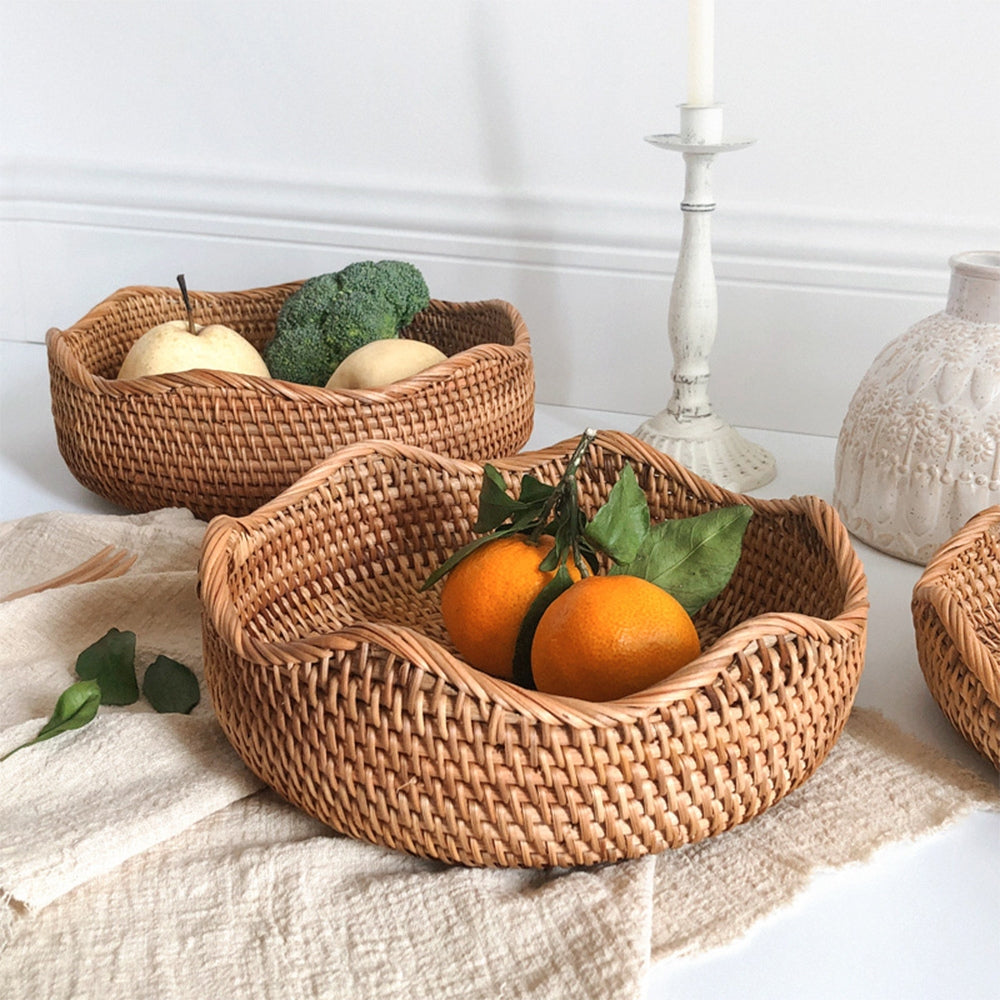 Rattan Woven Storage Basket Set – Handwoven Round Wicker Organizer Kitchen Living Room Decorative