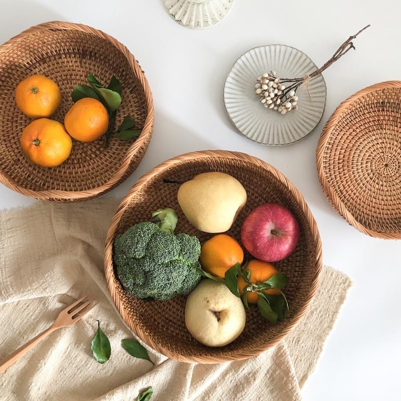 Rattan Woven Storage Basket Set – Handwoven Round Wicker Organizer Kitchen Living Room Decorative