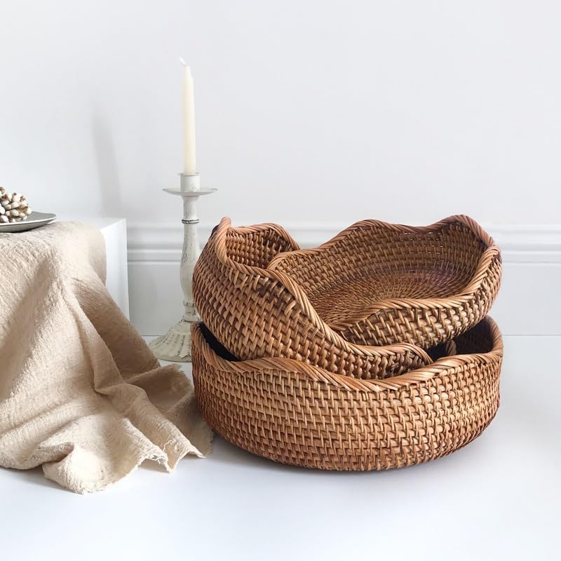 Rattan Woven Storage Basket Set – Handwoven Round Wicker Organizer Kitchen Living Room Decorative