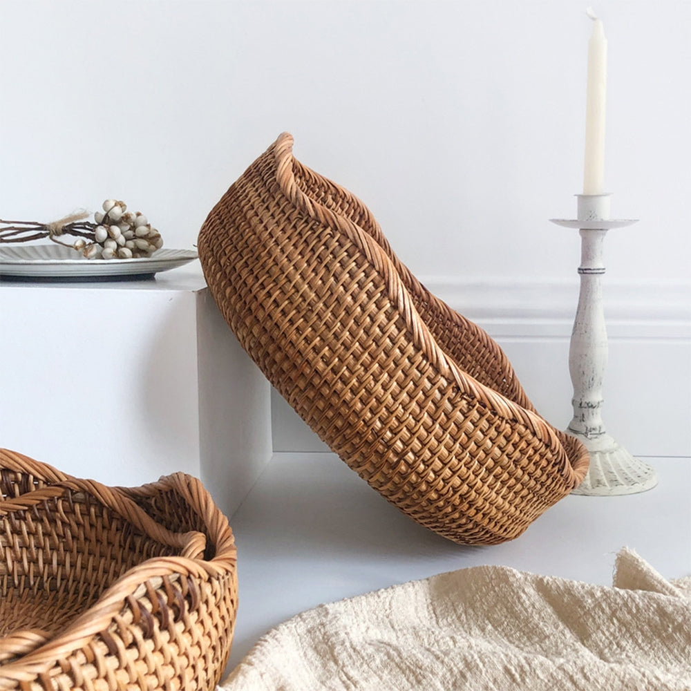 Rattan Woven Storage Basket Set – Handwoven Round Wicker Organizer Kitchen Living Room Decorative