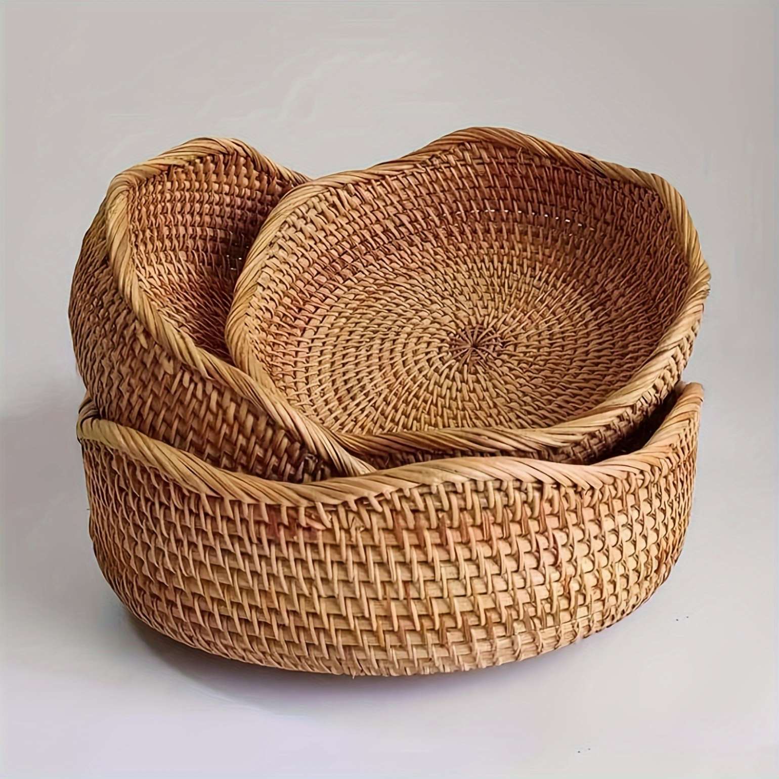 Rattan Woven Storage Basket Set – Handwoven Round Wicker Organizer Kitchen Living Room Decorative
