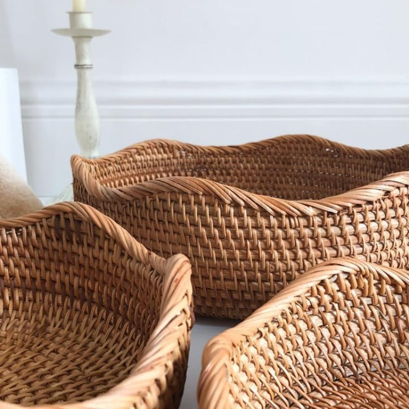 Rattan Woven Storage Basket Set – Handwoven Round Wicker Organizer Kitchen Living Room Decorative