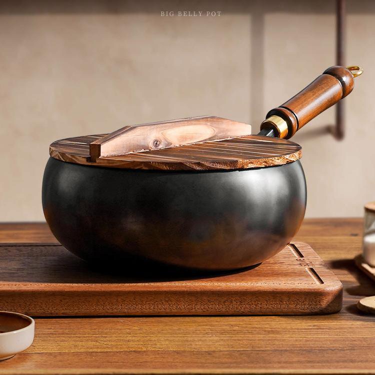 Kaldor Cast Iron Skillet – Nonstick Black Cooking Pan Wooden Handle Lid Kitchen Cookware