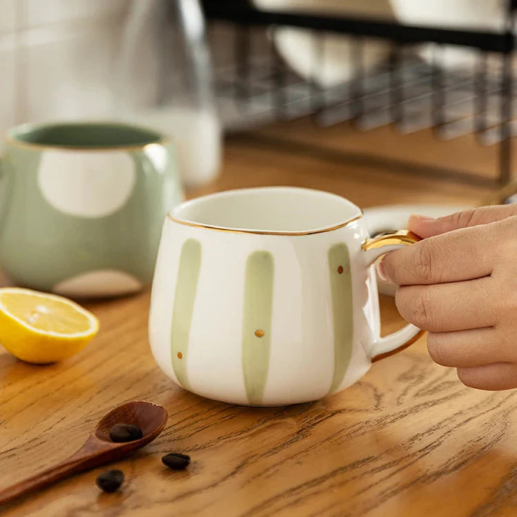 Delsio Ceramic Mug – Mid Century Modern Coffee Mugs White Beige Green Kitchen Home Furnishing Decor