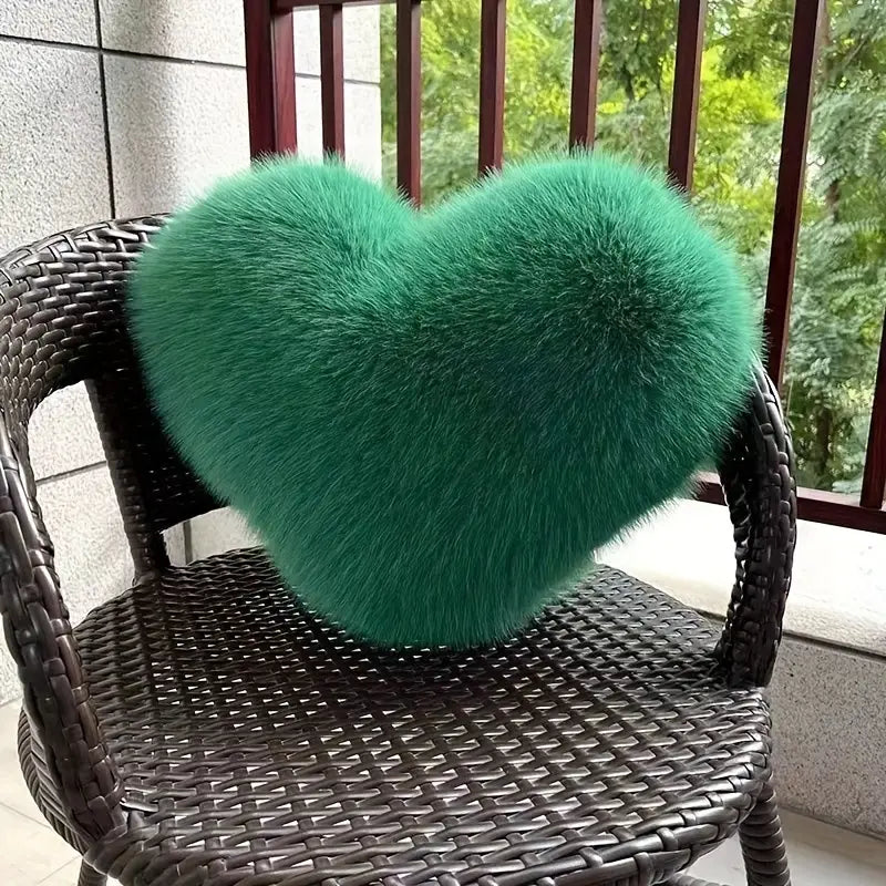 Emeraldine Heart Throw Pillow – Faux Fur Decorative Cushion Bedroom Living Room Couch Accent