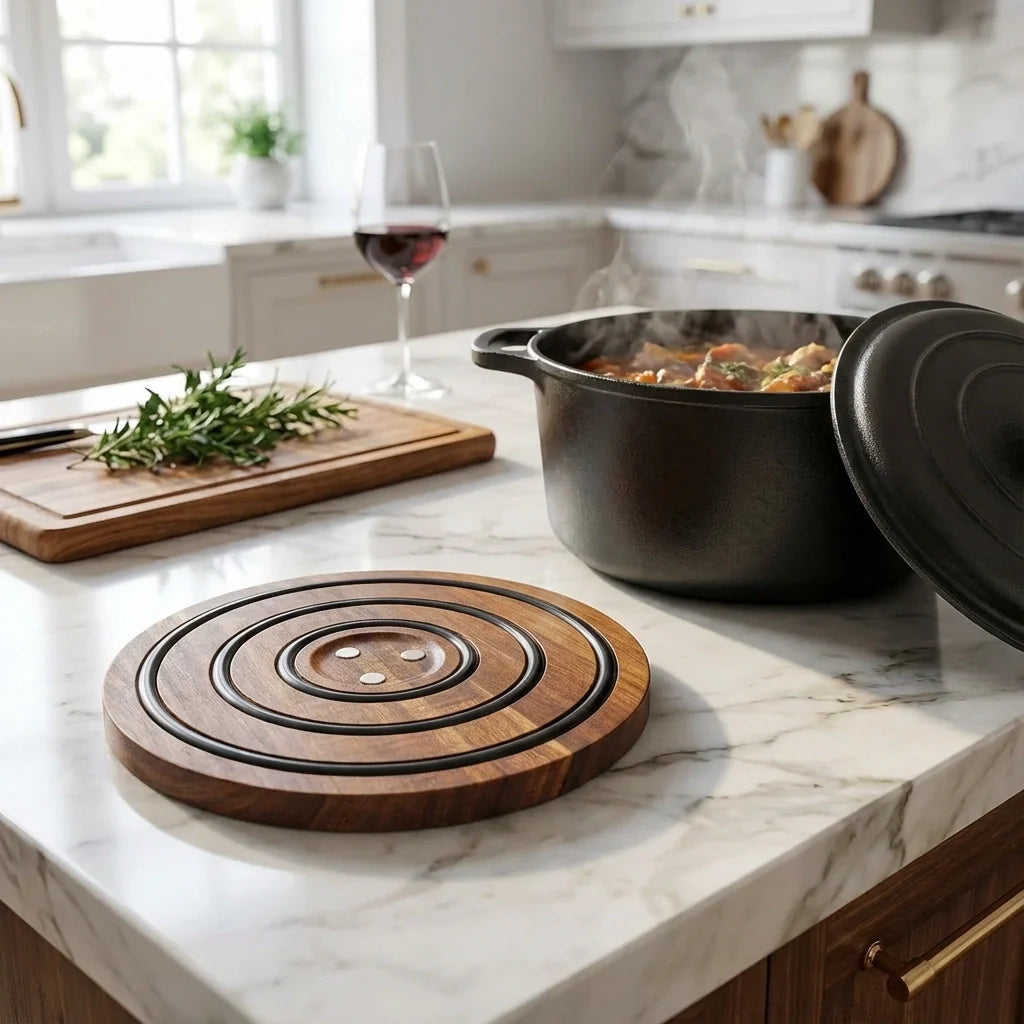 Orbita Trivet – Round Acacia Wood Hot Pot Stand Silicone Ring Kitchen Dining Table Decor