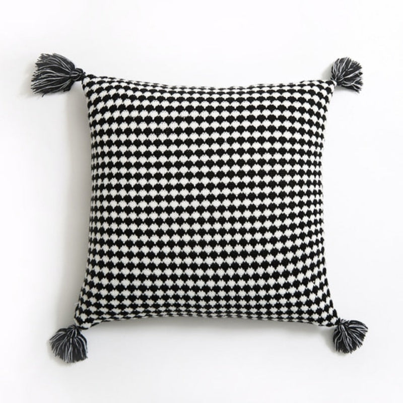 Tessera Tassel Throw Pillow Cover – Black White Herringbone Knit Cushion 18x18 Decorative Living Room Bedroom Boho